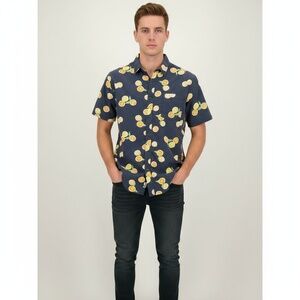 Goodfellow & Co Mens XL Navy Lemon Print Slim Fit Short Sleeve‎ Shirt Tropical